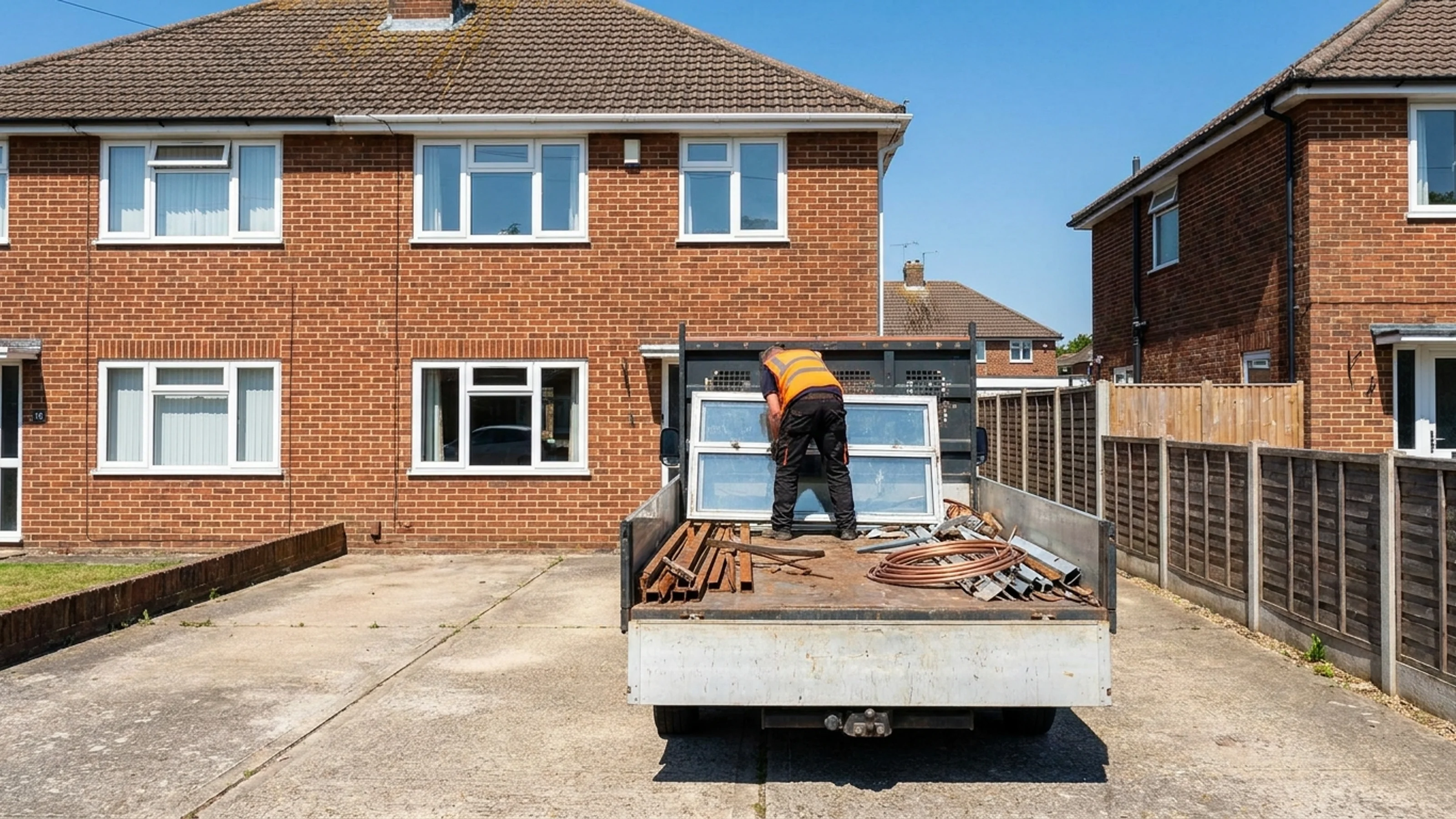 Worker loading steel offcuts and aluminium sections onto a flatbed truck in a residential driveway in Andover on a clear sunny day with blue sky above