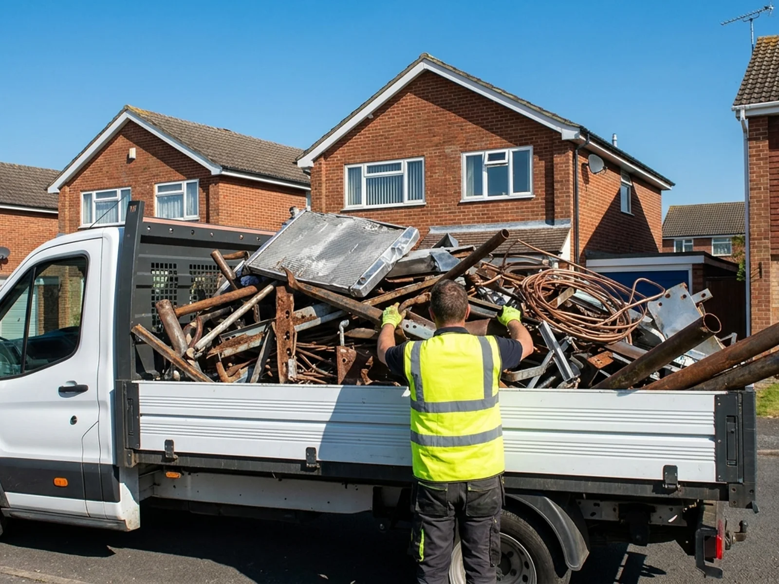 Worker stacking aluminium radiators and copper pipe sections onto the back of a flatbed truck on a quiet residential street in Chandler's Ford