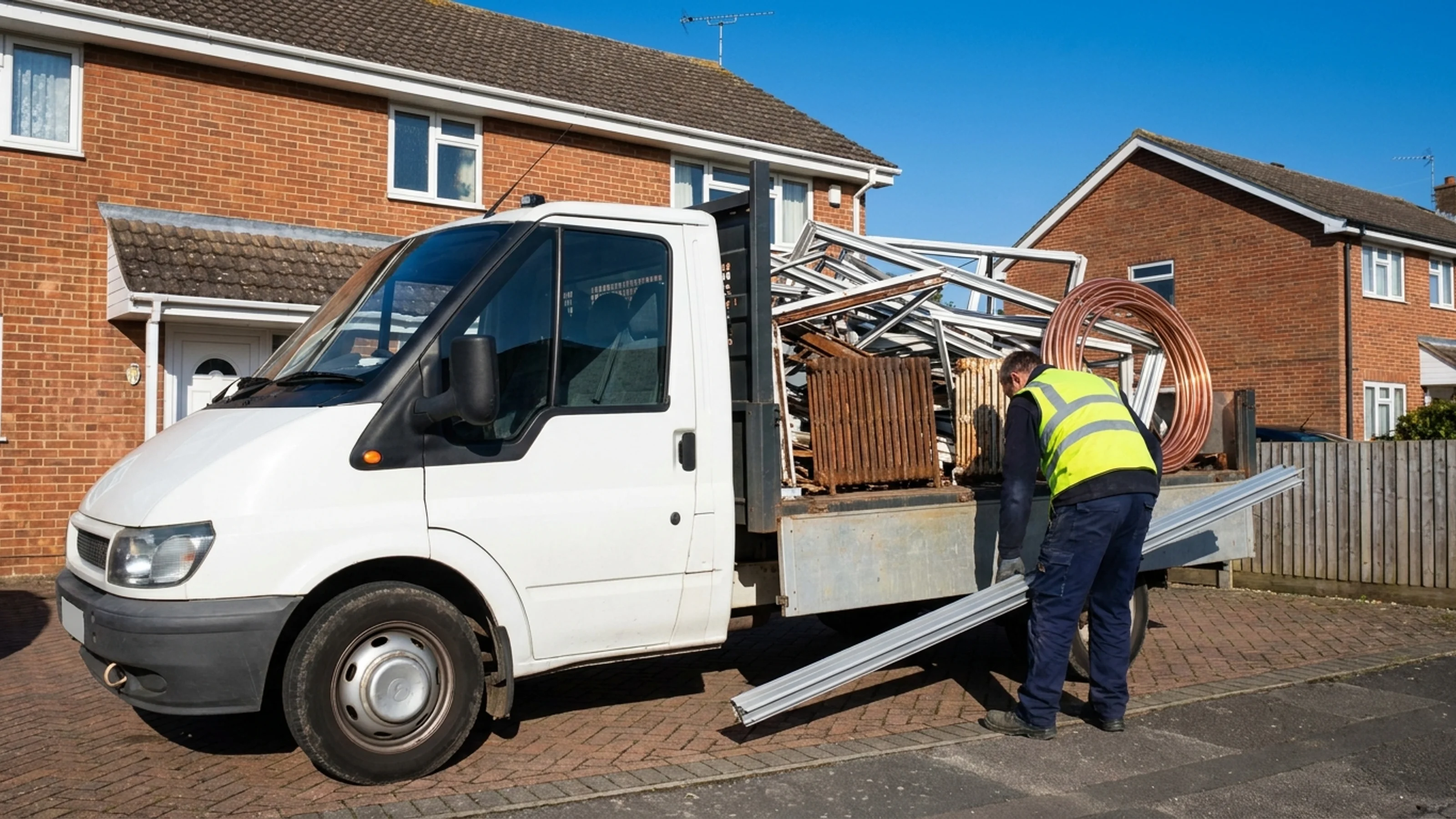 Worker loading old radiators and aluminium sections onto a flatbed truck in a driveway in Locks Heath, Fareham, with a modern housing estate visible in the background