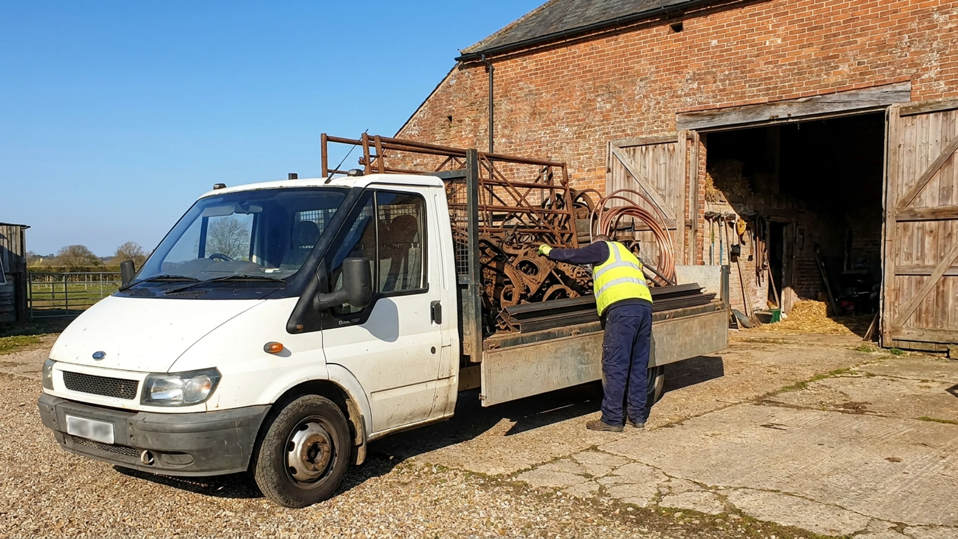 Worker loading copper pipe and old steel farm equipment onto a flatbed truck in a farm yard near Romsey, a red-brick Hampshire barn visible in the background on a sunny day