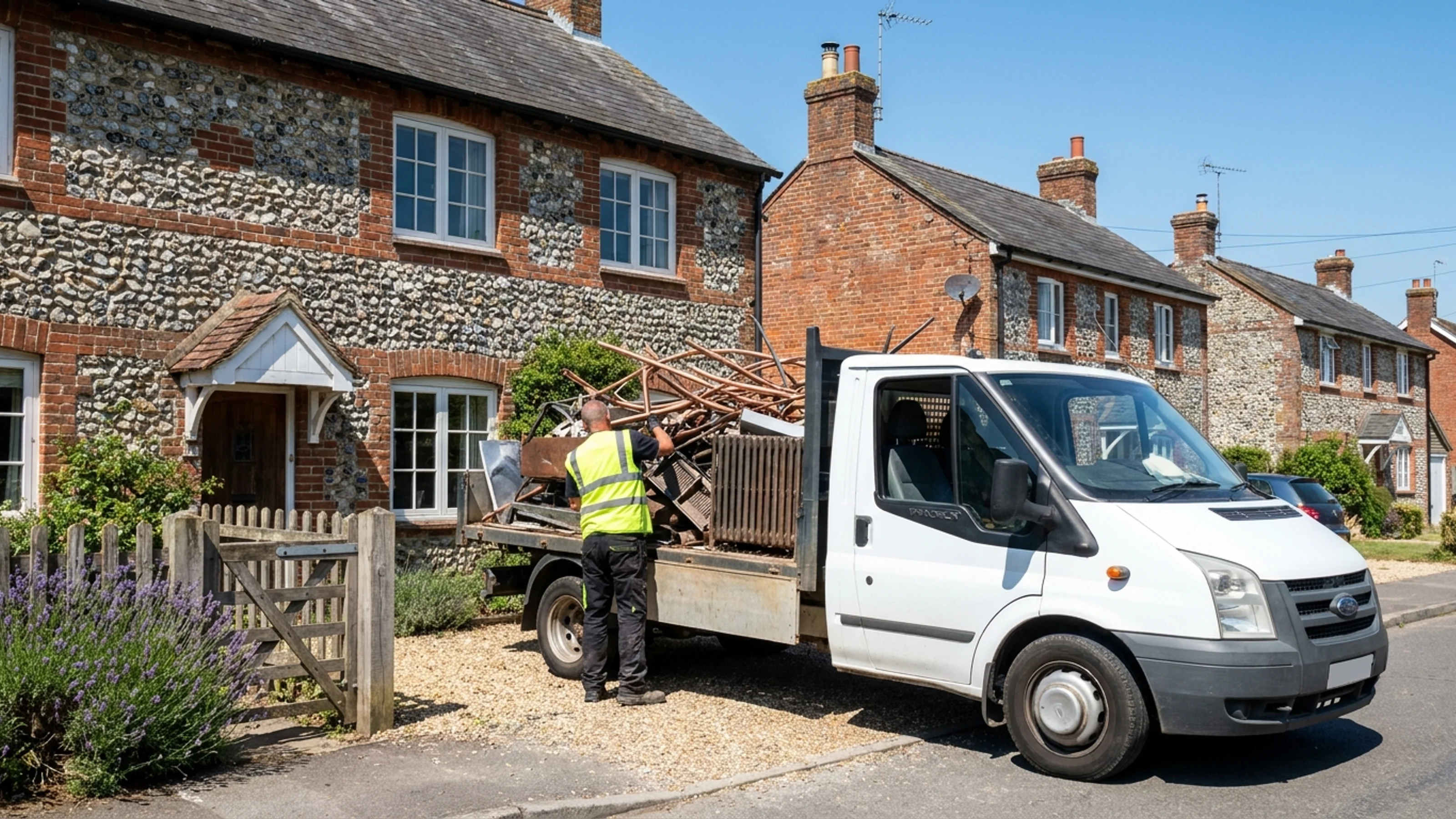 Worker loading copper pipe and steel from a clearance into a flatbed truck in a Salisbury driveway, brick-and-flint Wiltshire houses in the background on a clear sunny day