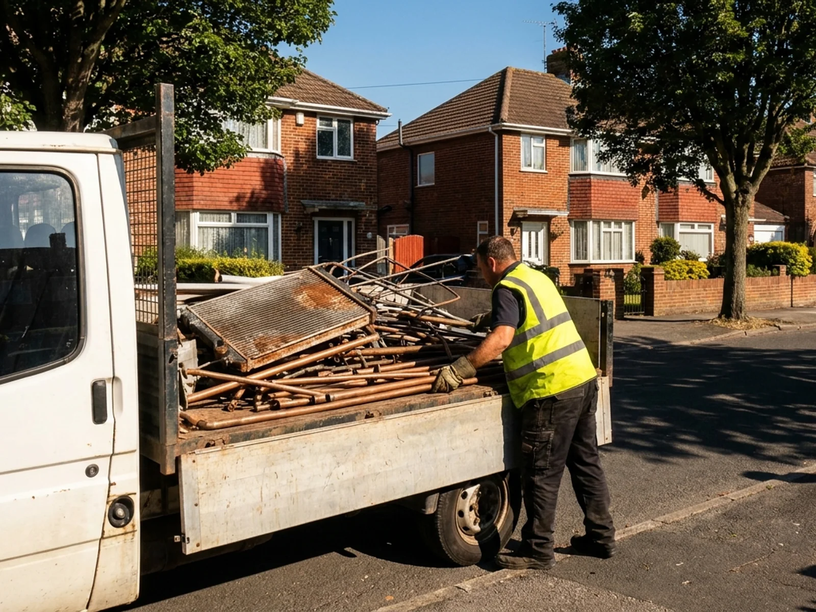 Worker loading copper pipe and radiators onto a flatbed truck on a residential street in Bitterne, Southampton