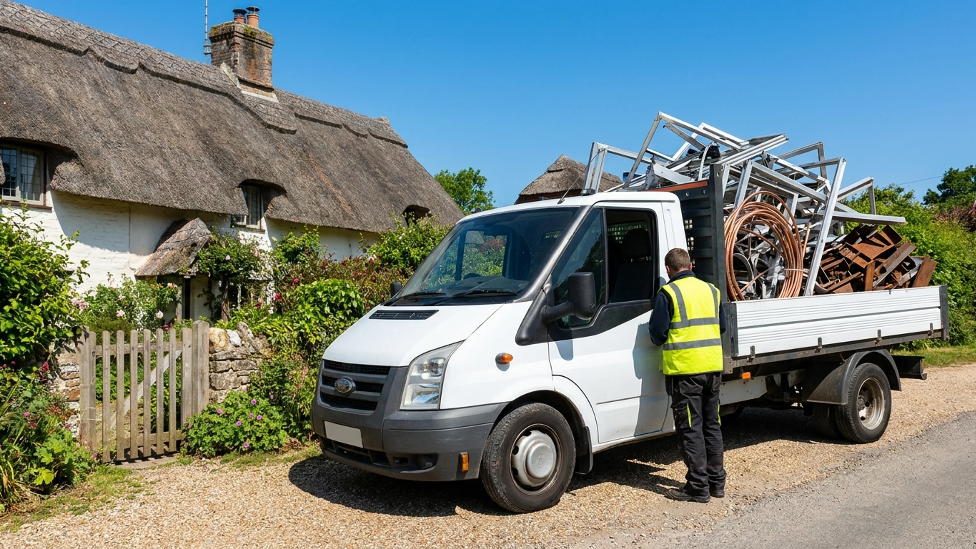Worker collecting mixed scrap including aluminium sections and copper pipe outside a New Forest village property, thatched cottage visible in the background on a sunny day