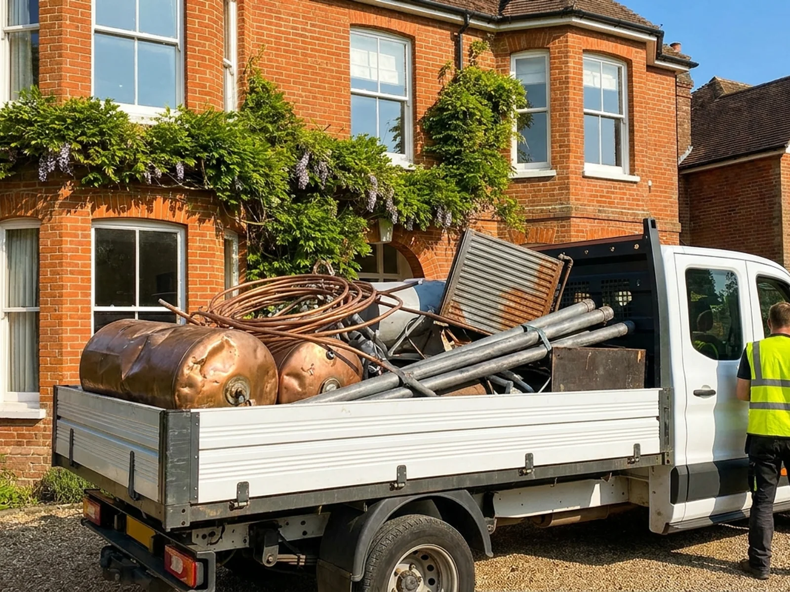 Copper hot water cylinders and lead pipe offcuts loaded into a flatbed truck in the driveway of a red-brick Victorian house in Winchester on a clear sunny day