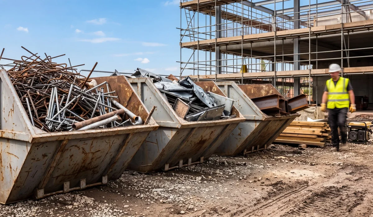 Scrap metal collection bins on an active construction site