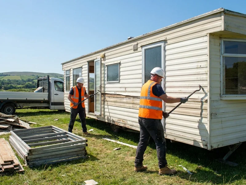 Workers removing aluminium cladding from a static caravan on a sunny day, aluminium frame sections stacked nearby
