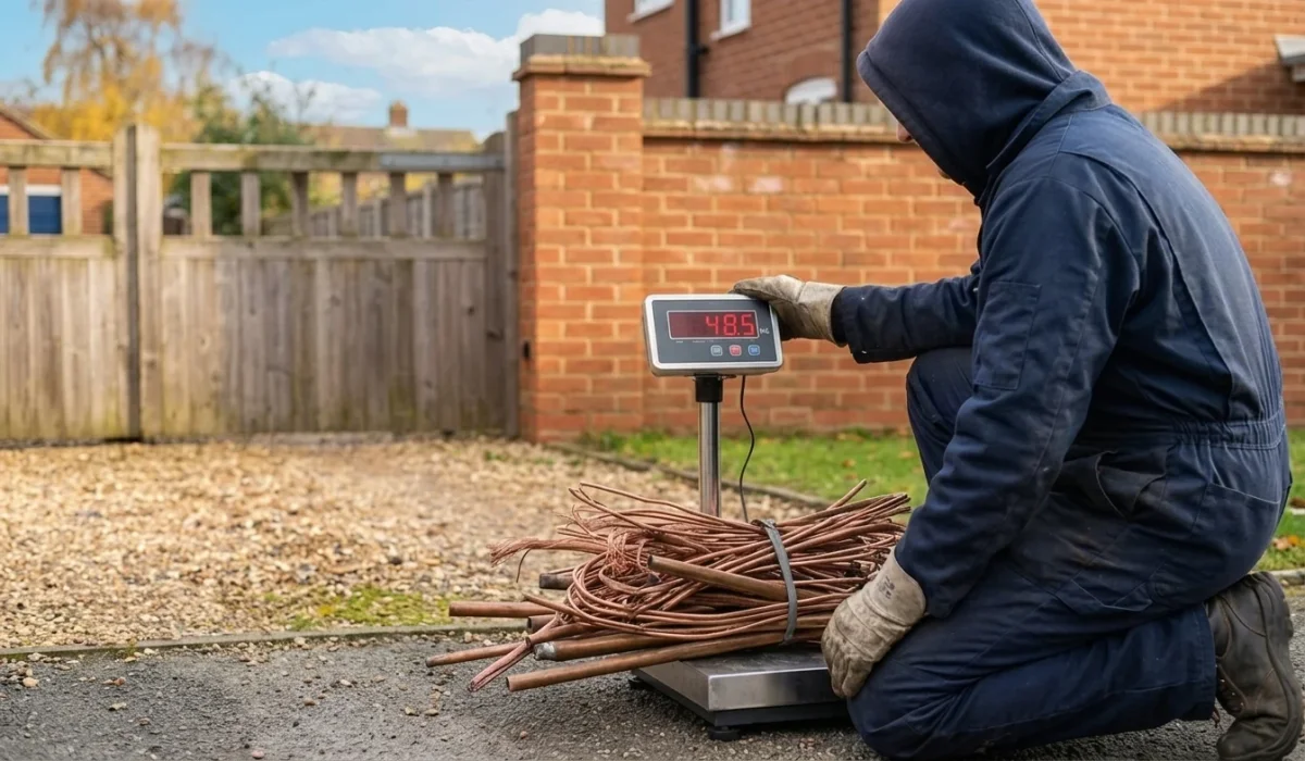 Worker using calibrated scales to weigh copper pipe on site